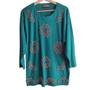 Vtg 90s Teal Beaded Tunic Top L Casamina Grandmacore Casual Blouse